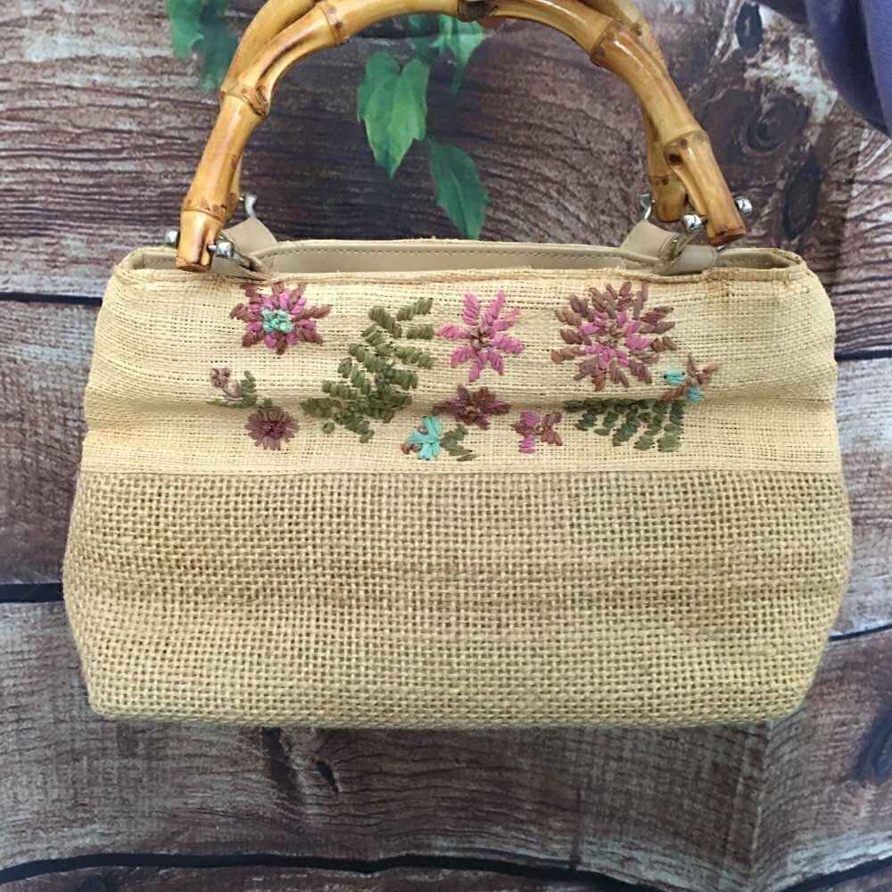 Liz Claiborne Handbag, Embroidered, Raffia & Jute